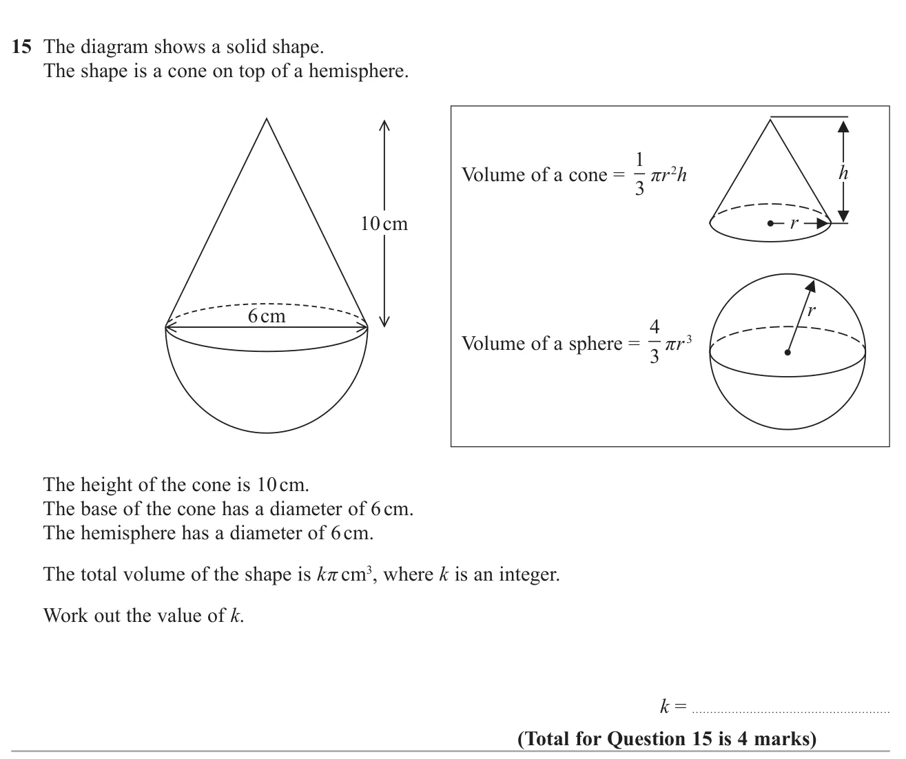 Find the total volume of a cone on top of a hemisphere as a multiple of pi.