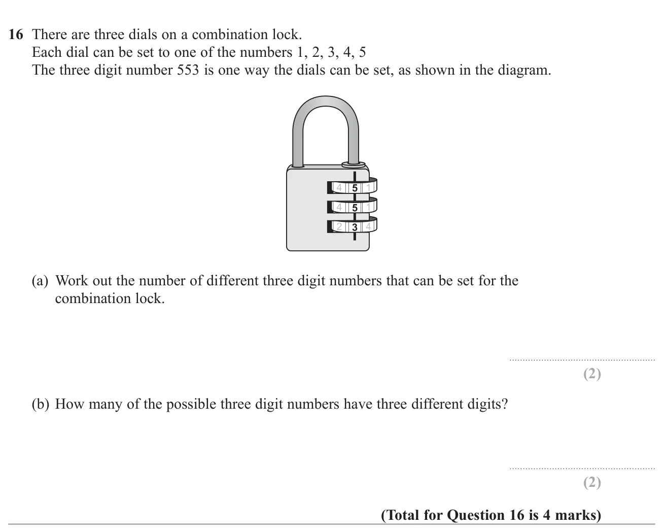 Count the settings of a three-dial lock, first allowing repeats and then with all digits different.