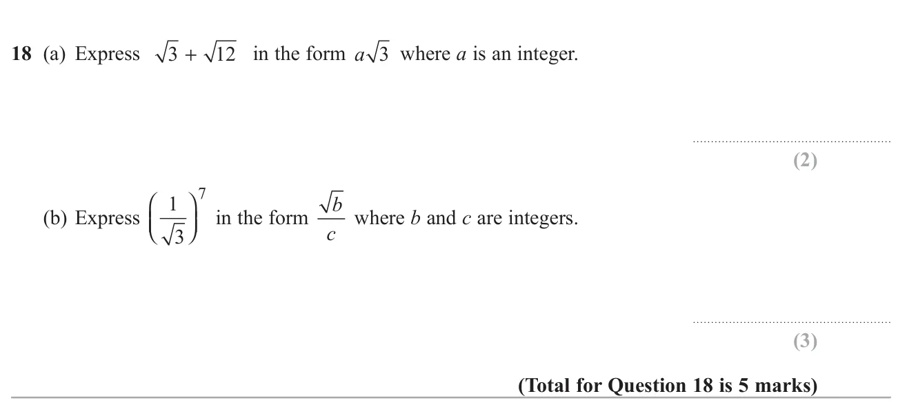 Simplify a sum of surds, then write a power of a surd fraction with a rational denominator.