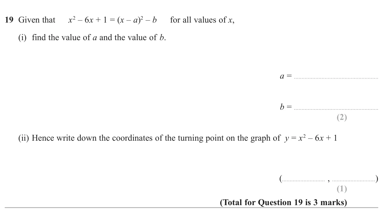Complete the square on a quadratic, then use it to state the turning point of its graph.