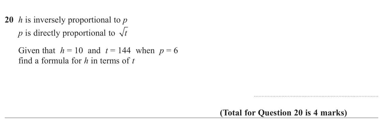 Combine an inverse and a direct proportion involving a square root to write one variable in terms of another.