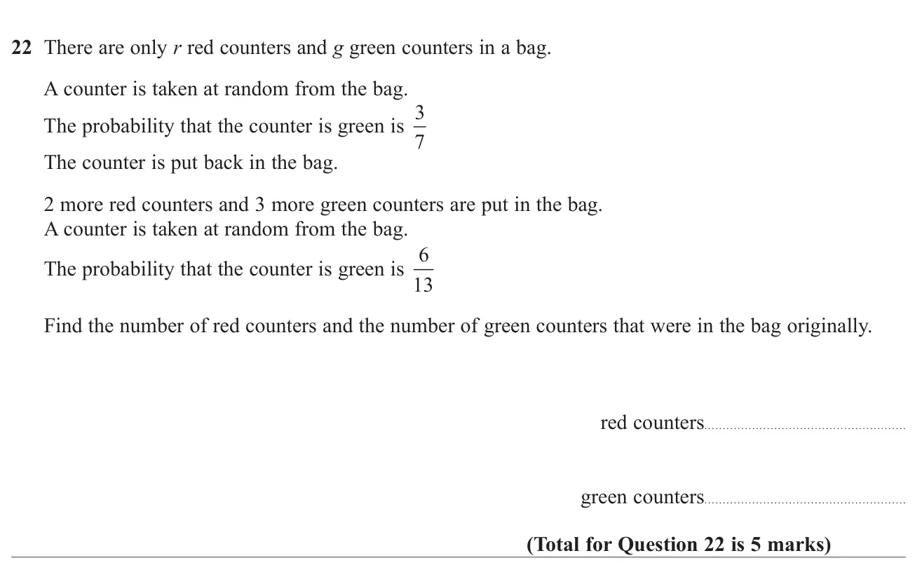 Use two probabilities, before and after adding counters to a bag, to find how many red and green counters there were at the start.