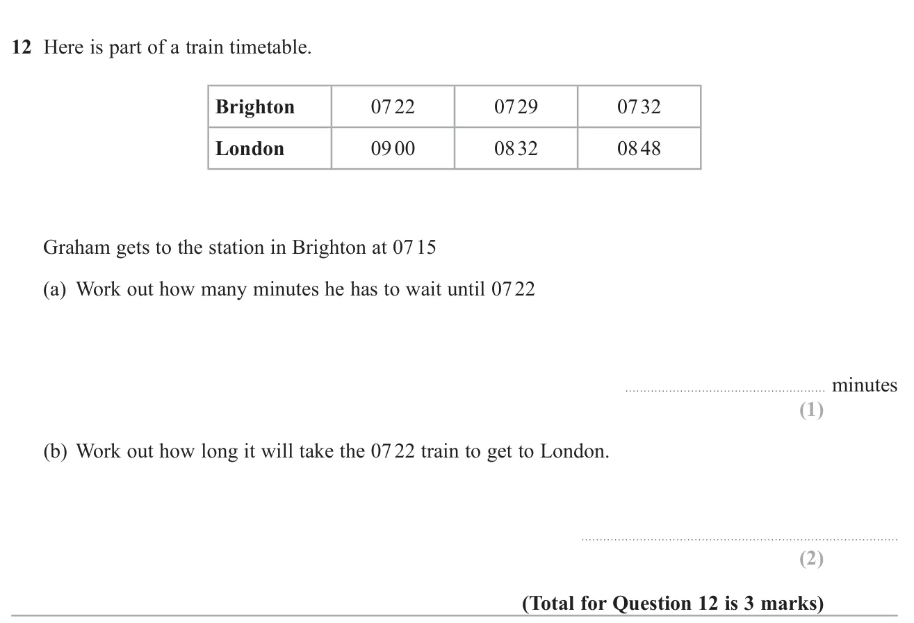 Use a train timetable to find a waiting time and a journey time.