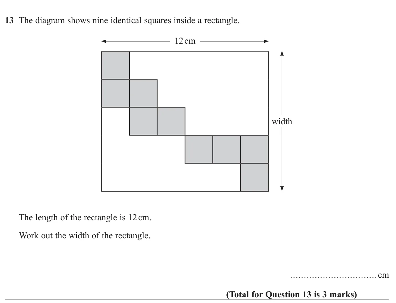 Find the width of a rectangle that contains a staircase of identical squares, given its length.