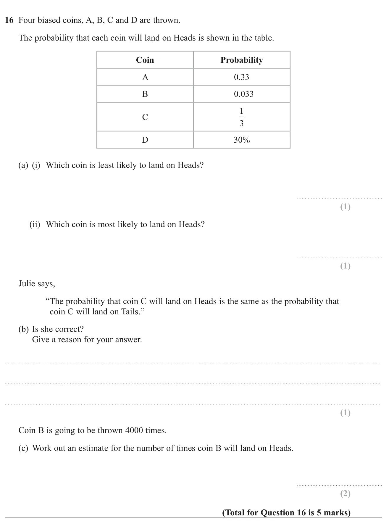 Compare probabilities given as a decimal, fraction and percentage, judge a claim about heads and tails, and estimate an expected number of heads.