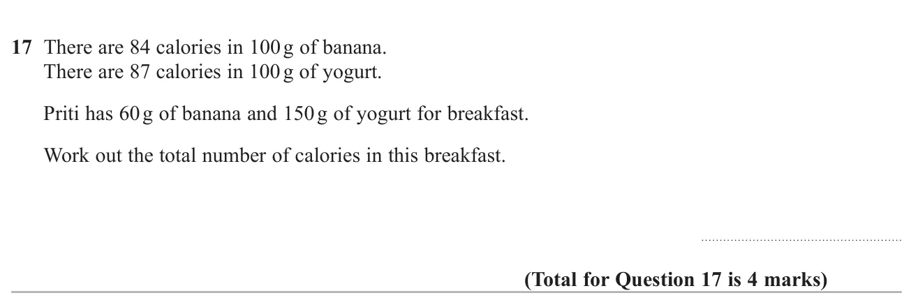 Work out the total calories in given masses of two foods from their calories per 100 g.