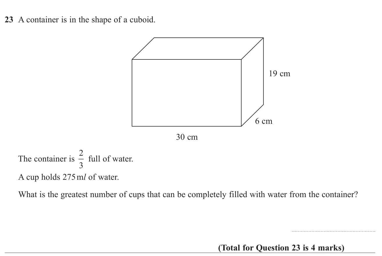Find the volume of water in a cuboid container that is two-thirds full and how many whole 275 ml cups it can fill.