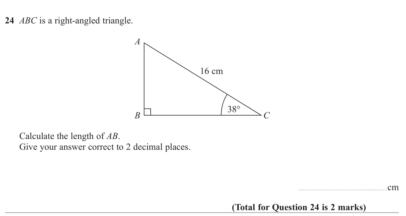 Use trigonometry in a right-angled triangle to find a side, to 2 decimal places.
