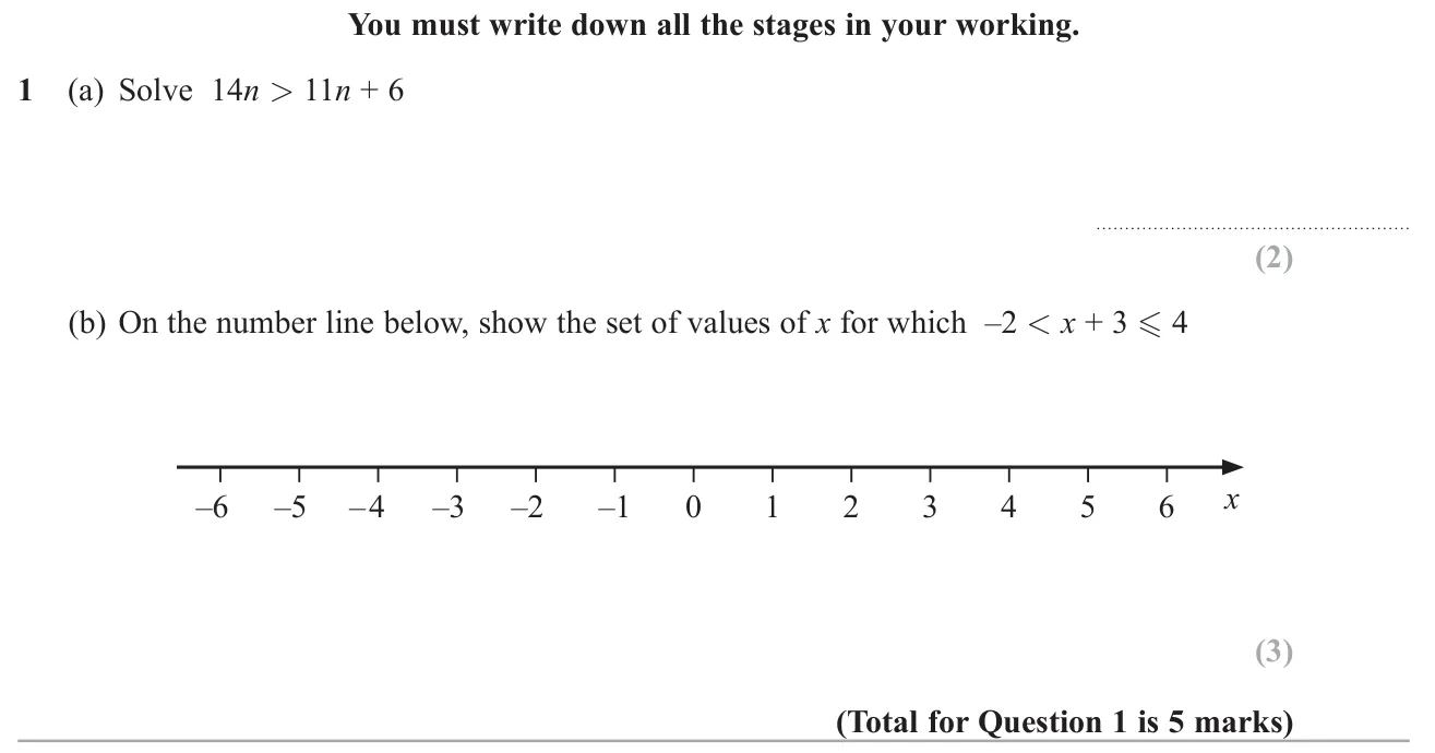 Solve a linear inequality, then show the solution set of a double inequality on a number line.