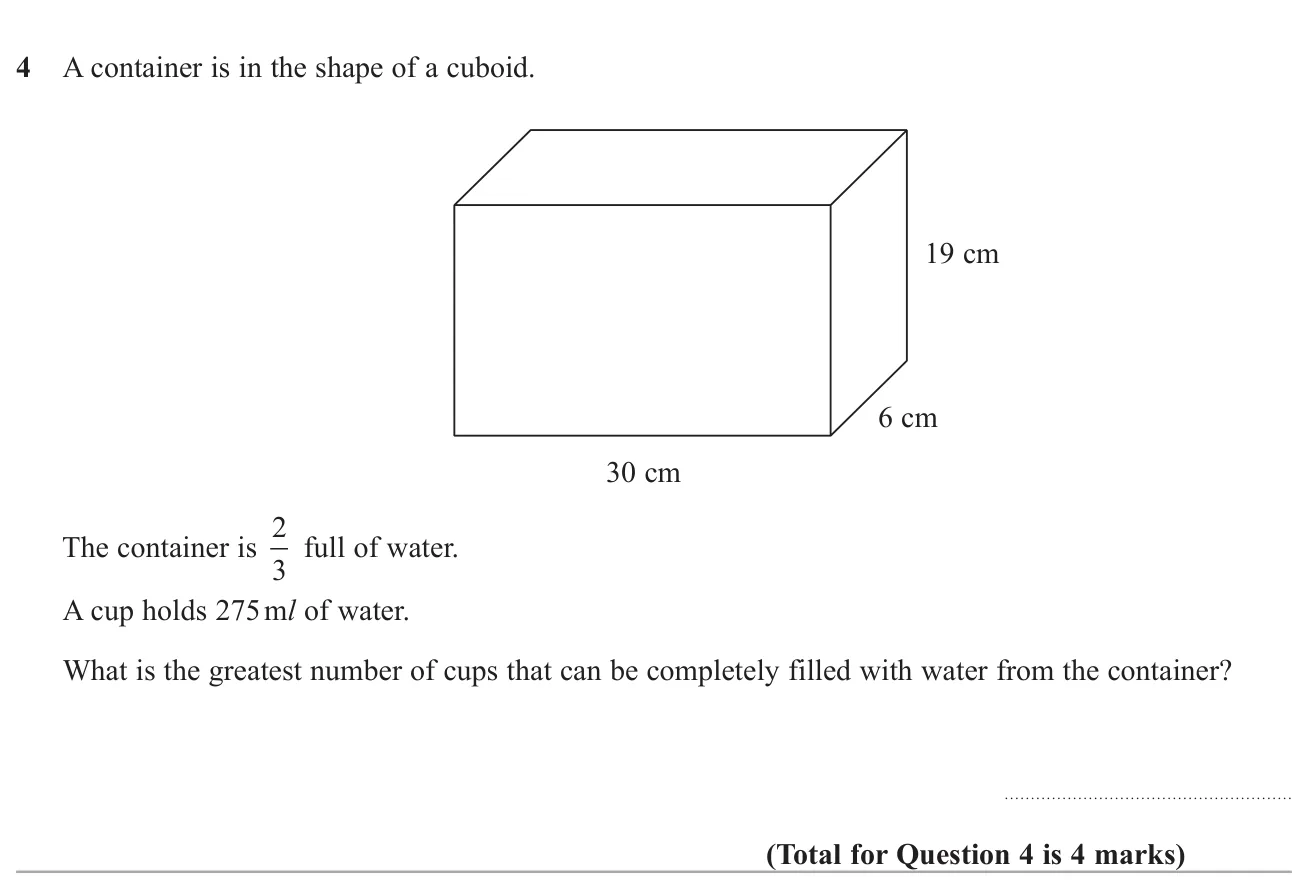 Find the volume of water in a cuboid container that is two-thirds full and how many whole 275 ml cups it can fill.