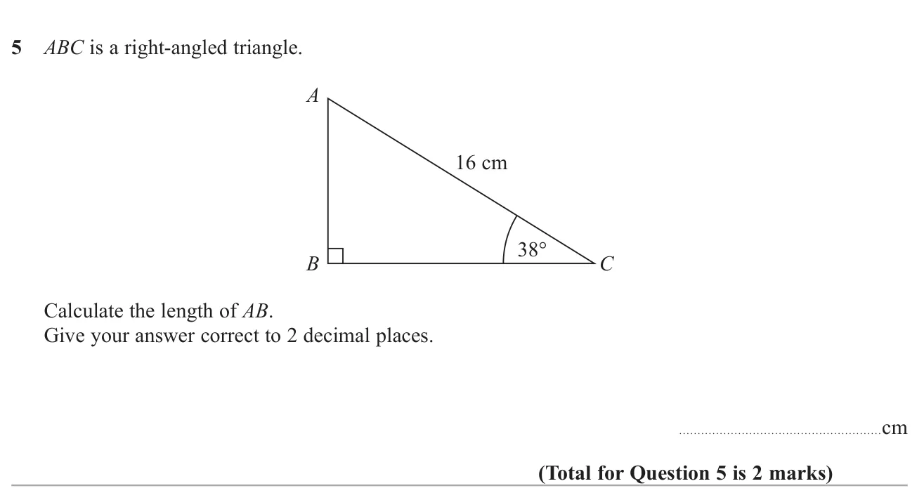 Use trigonometry in a right-angled triangle to find a side, to 2 decimal places.