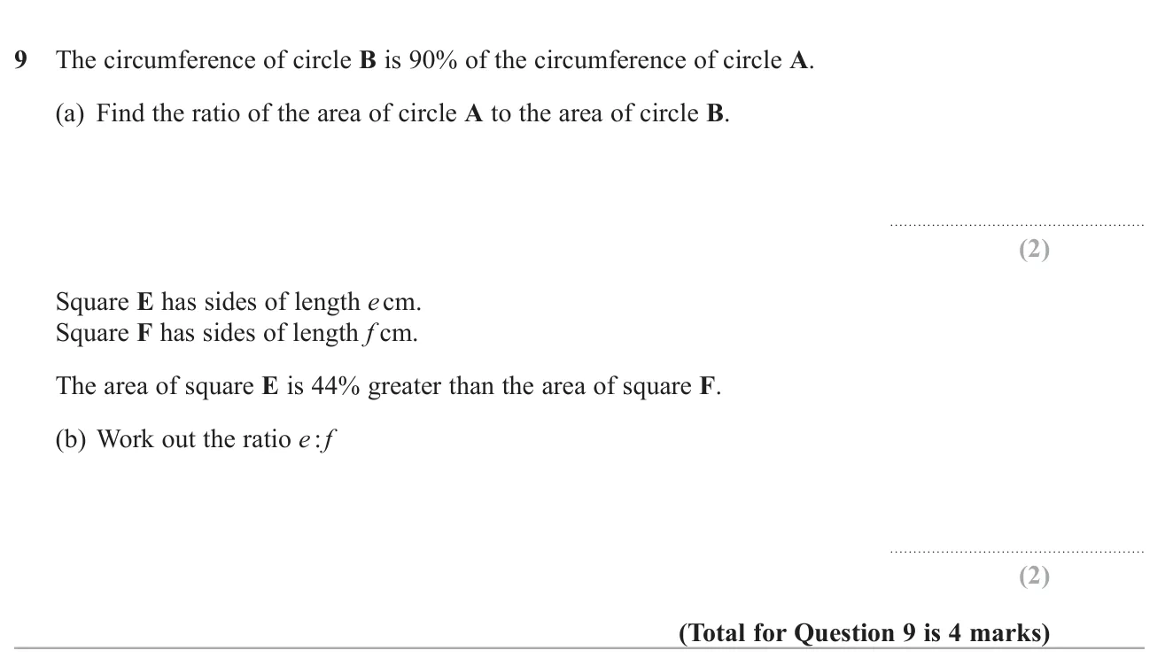 Use percentage relationships between circumferences and between areas to find ratios of areas and of side lengths.