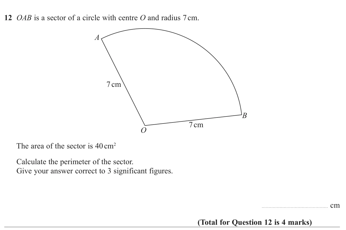 Find the perimeter of a sector given its radius and area, to 3 significant figures.