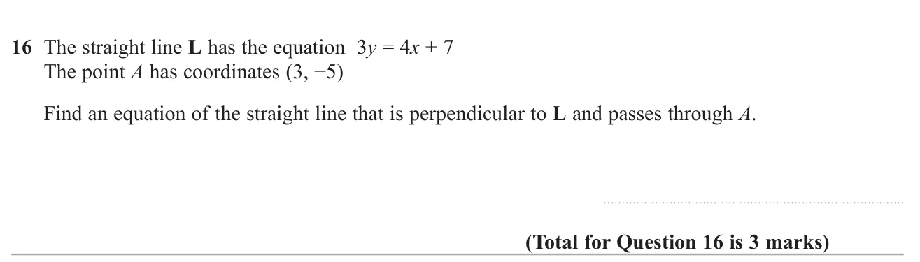 Find the equation of the line perpendicular to a given line through a given point.