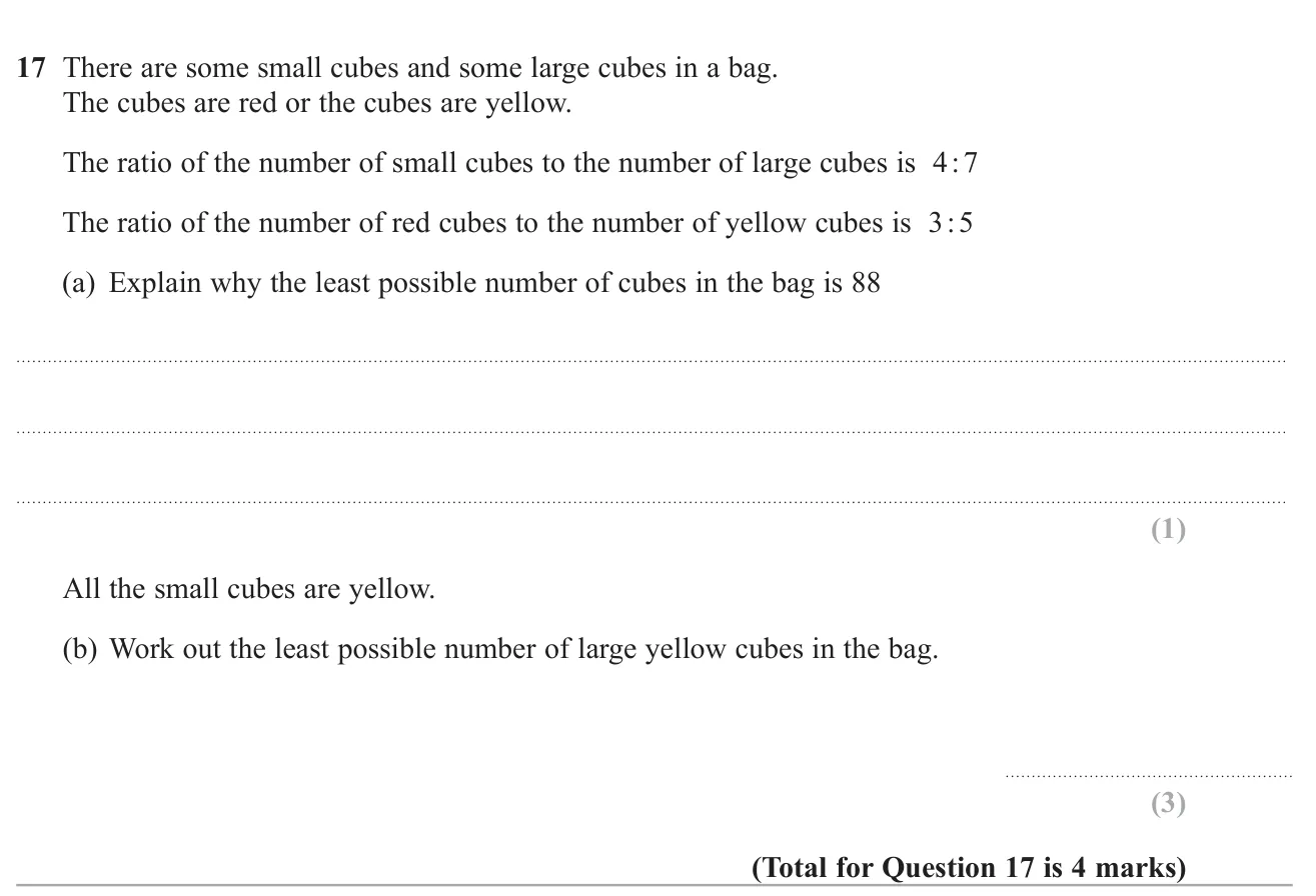 Use two ratios describing cubes by size and colour to explain the minimum total and find the least number of large yellow cubes.