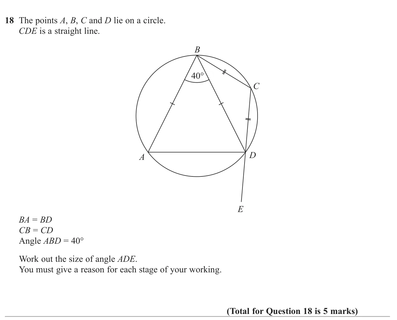 Find an angle outside a cyclic quadrilateral using isosceles triangles and circle theorems, with reasons.