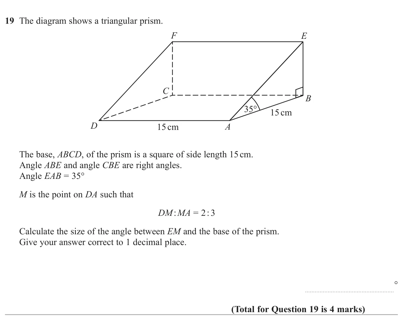 Find the angle between a line and the base of a triangular prism using Pythagoras and trigonometry, to 1 decimal place.
