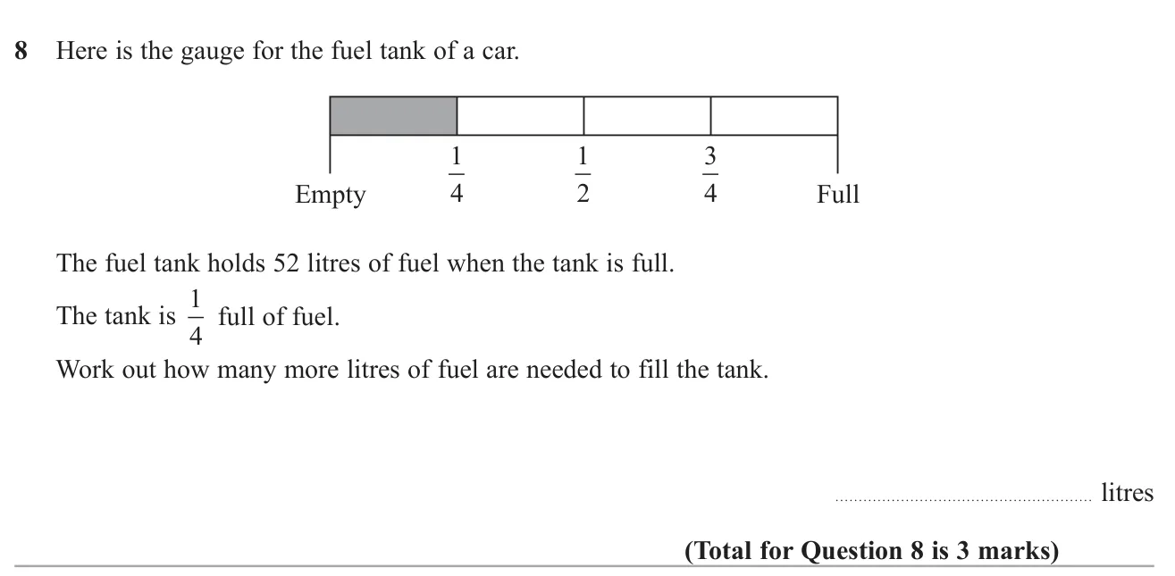 A fuel tank holding 52 litres is a quarter full; find how much more fuel fills it.