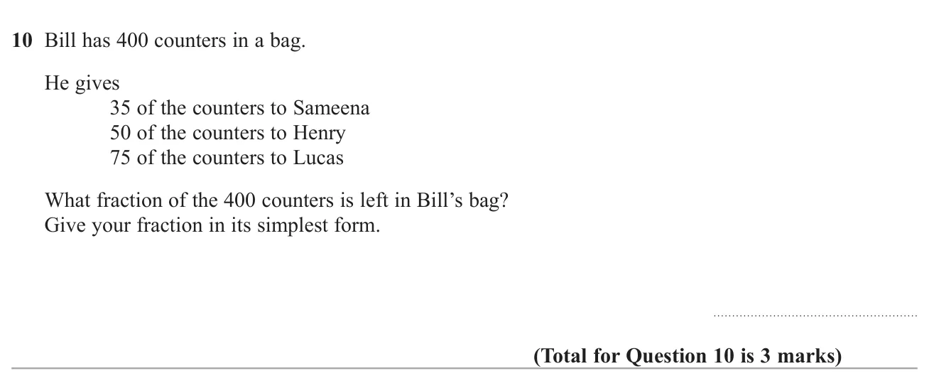 After giving away some counters from a bag of 400, find the fraction left in its simplest form.