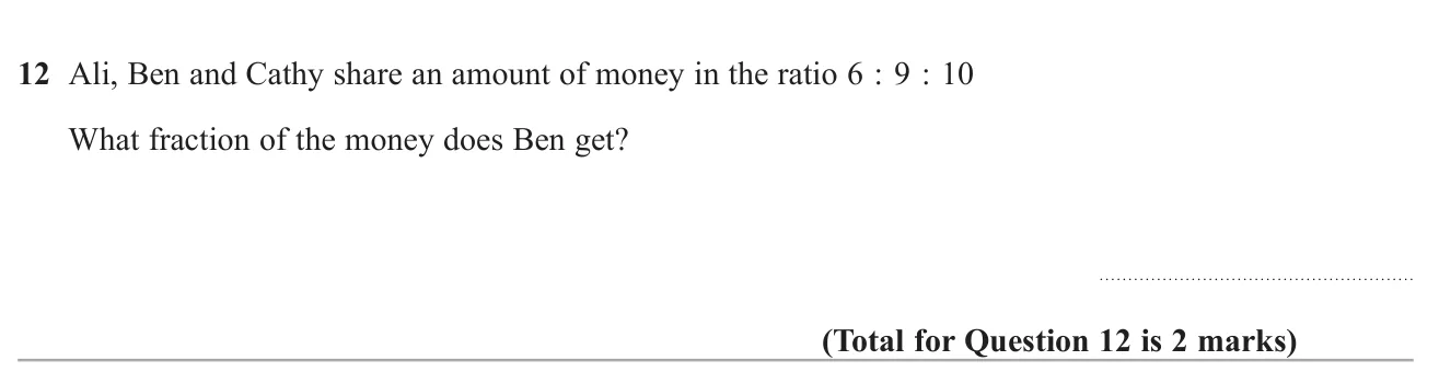 Three people share money in a ratio; find the fraction one of them receives.