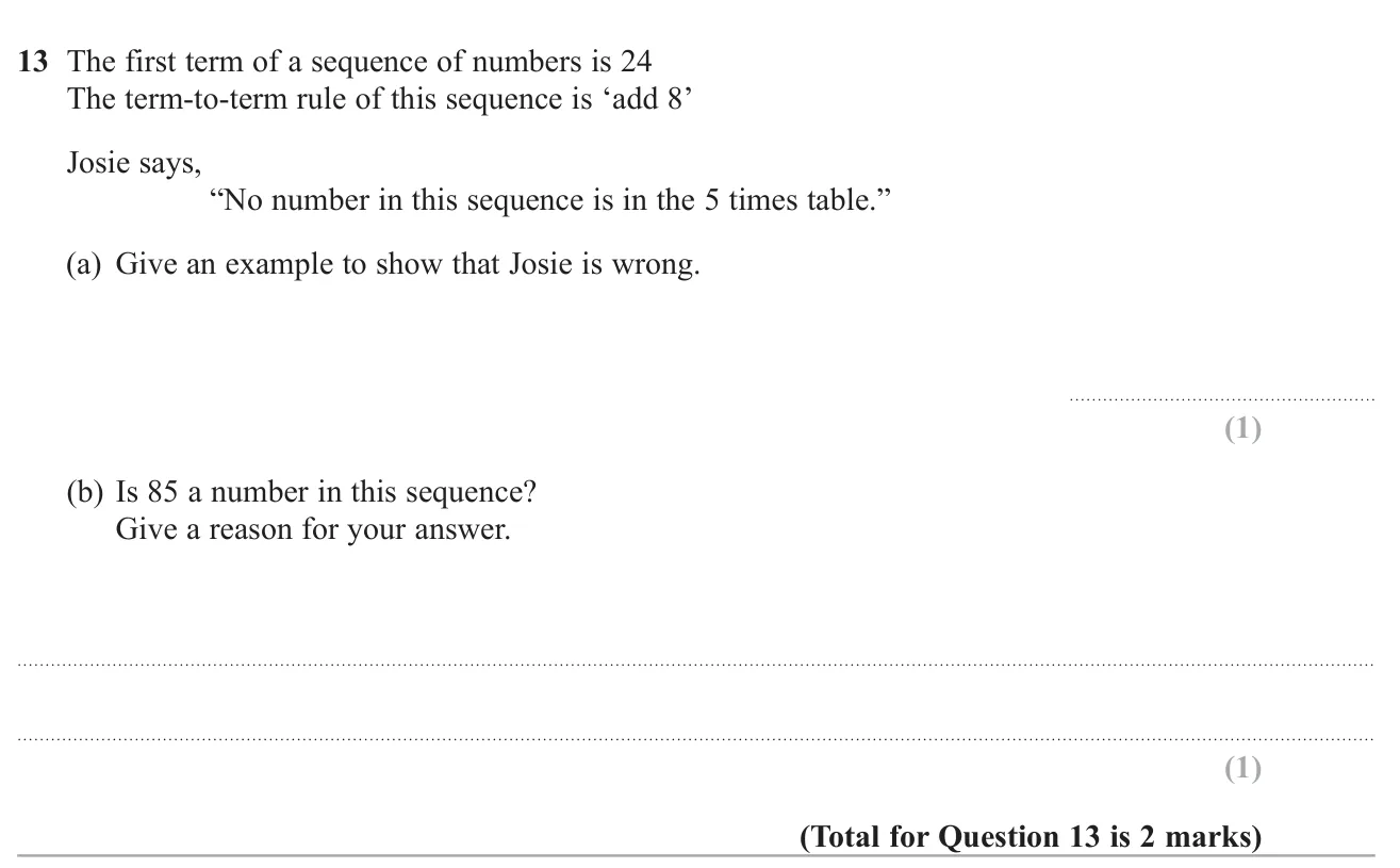 A sequence starts at 24 and goes up by 8; show a term is a multiple of 5 and decide if 85 is in it.