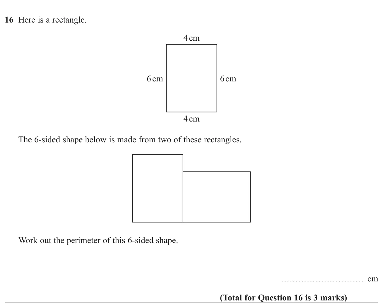 Find the perimeter of an L-like shape made by joining two identical rectangles.