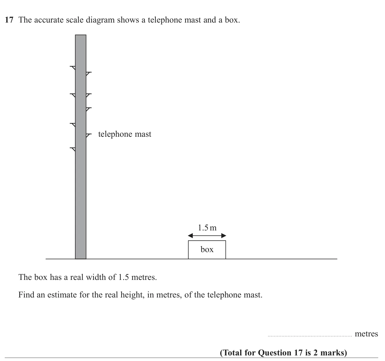 Use a scale drawing to estimate the real height of a mast from a box of known width.