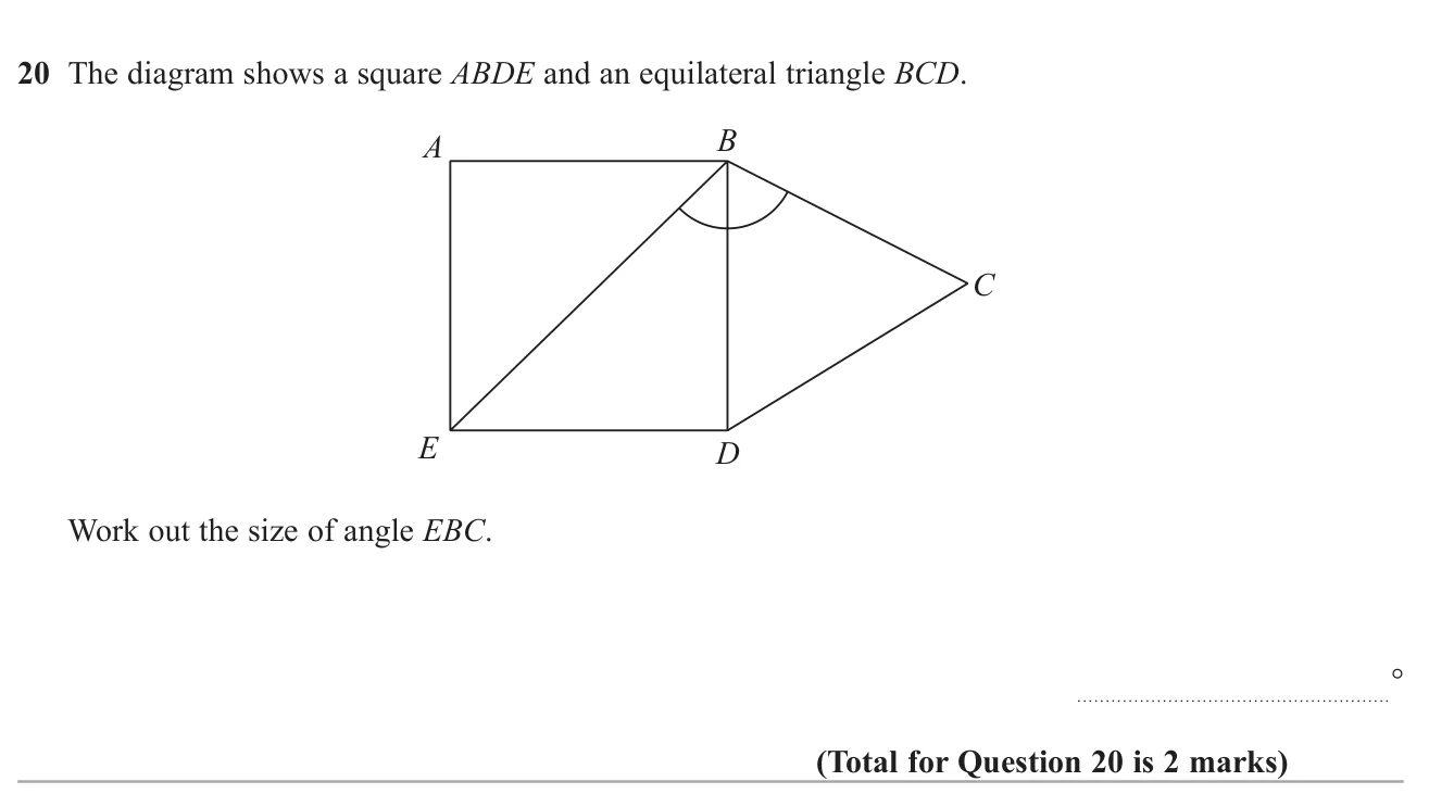 Find an angle made by a square and an equilateral triangle sharing a side.