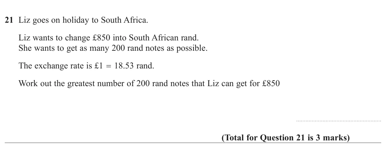 Convert pounds to rand and find how many whole 200-rand notes can be bought.