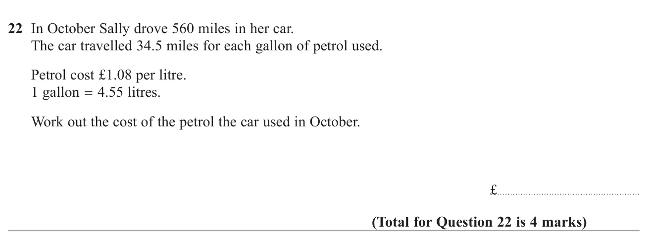 Use miles per gallon, a gallon-to-litre conversion and a price per litre to find a month's petrol cost.