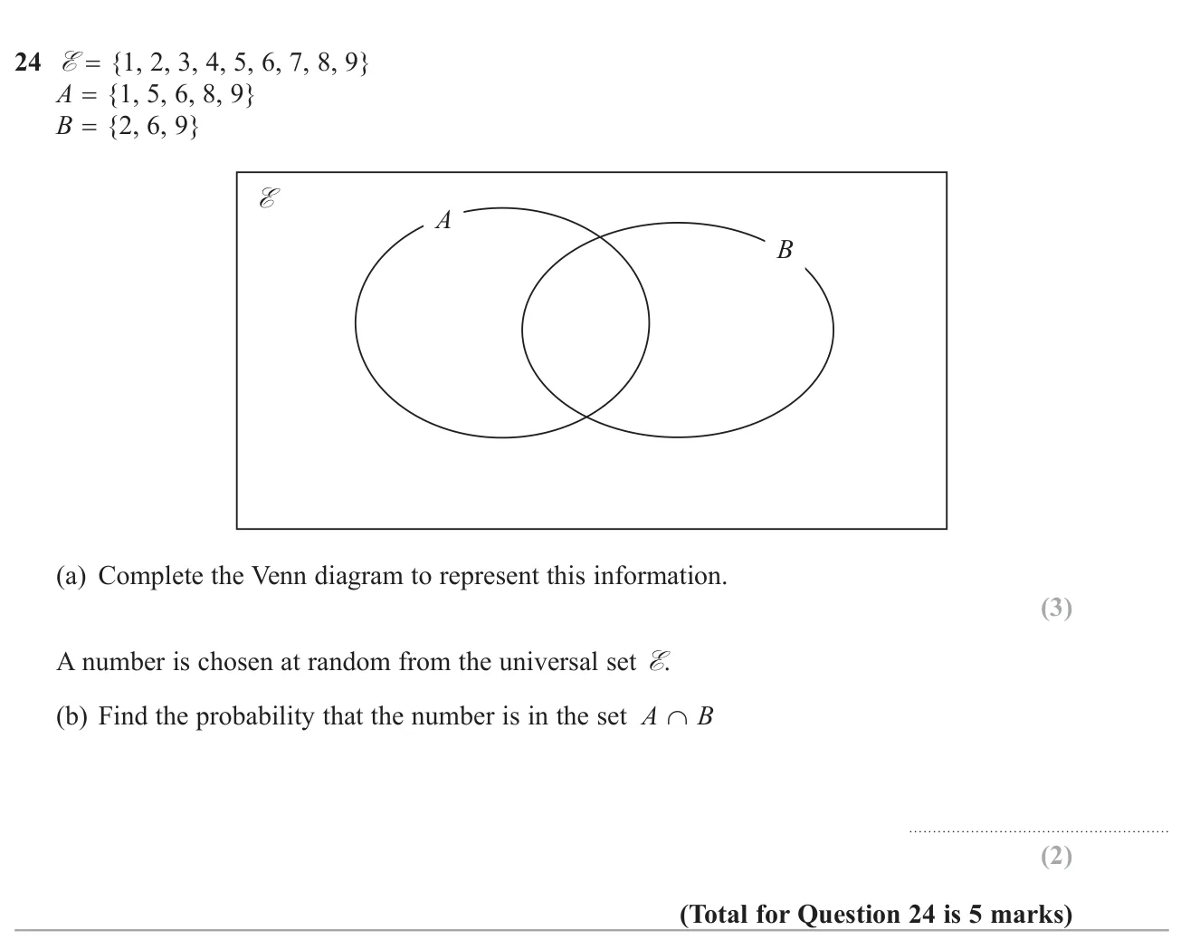 Fill in a Venn diagram from set lists, then find the probability a random number is in both sets.