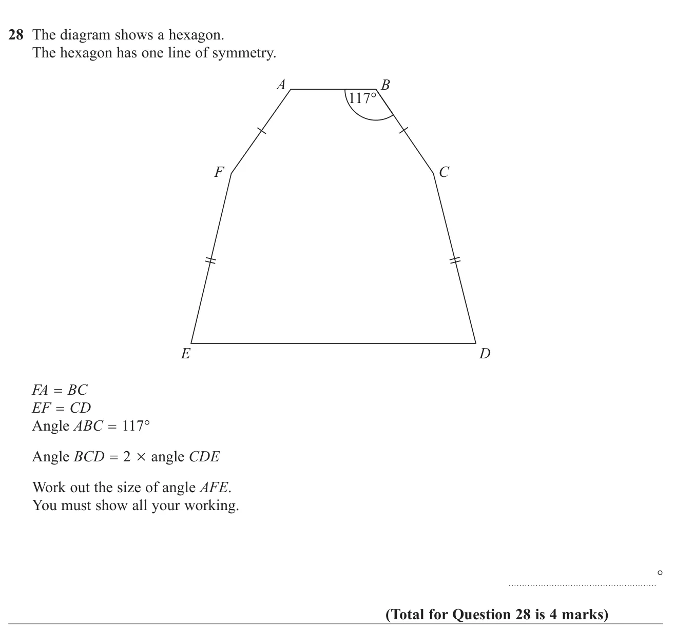 Use symmetry, the hexagon angle sum and a 2 : 1 angle relation to find an angle in a hexagon.