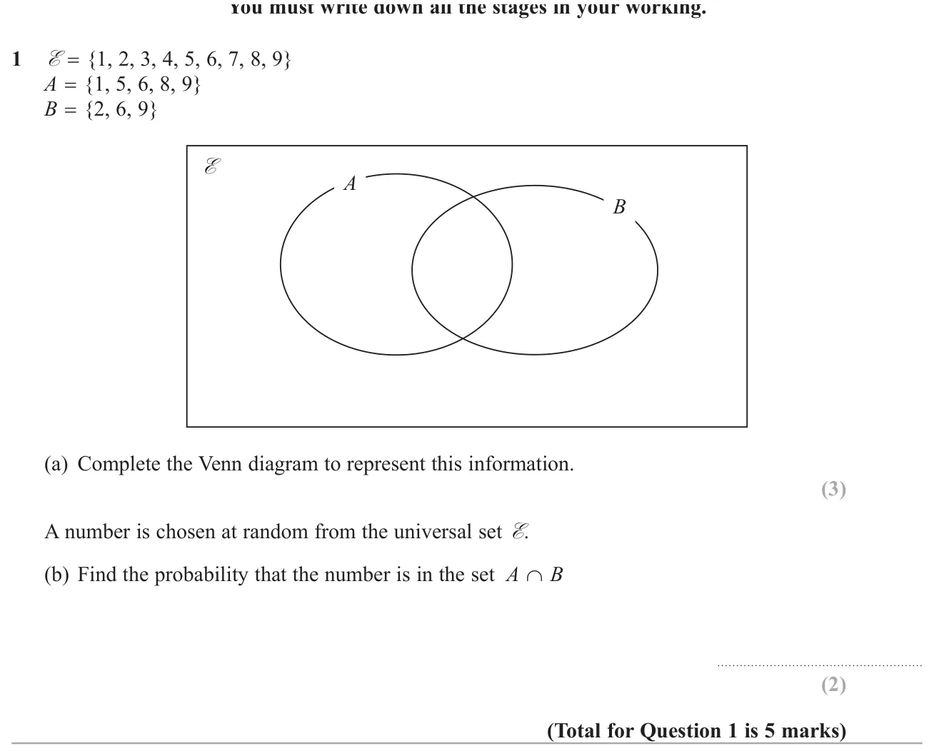 Fill in a Venn diagram from set lists, then find the probability a random number is in both sets.