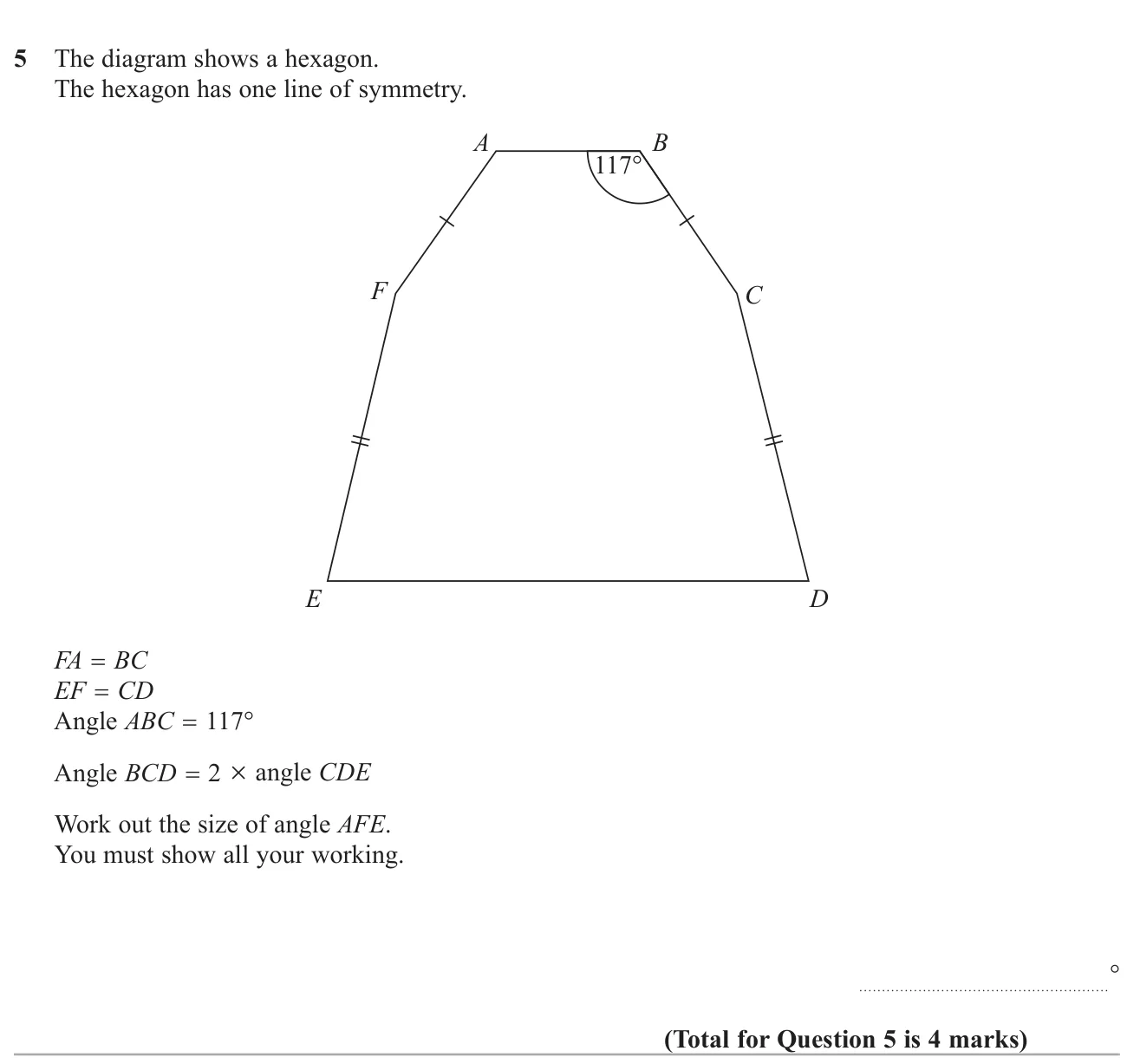 Use symmetry, the hexagon angle sum and a 2 : 1 angle relation to find an angle in a hexagon.