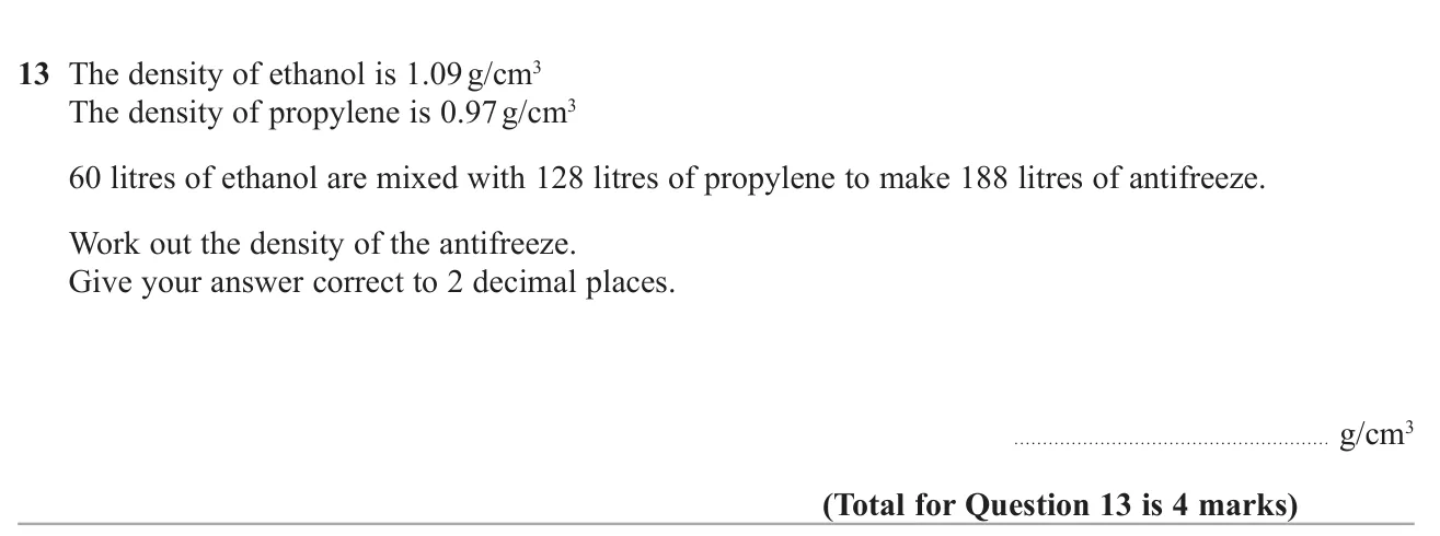Combine masses of two liquids to find the density of a mixture, to 2 decimal places.