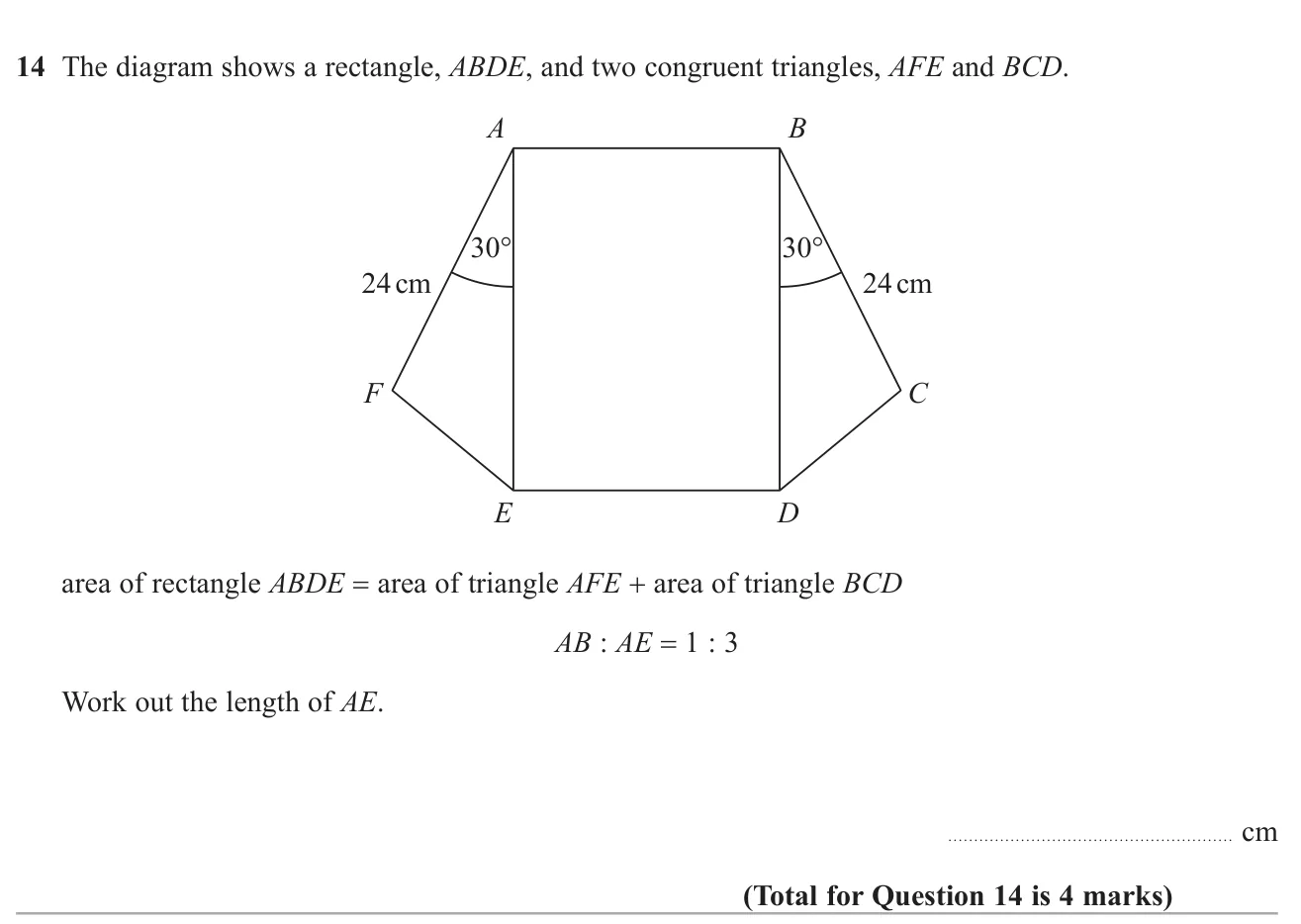 Use the sine area formula for two congruent triangles and a side ratio to find a rectangle's length.