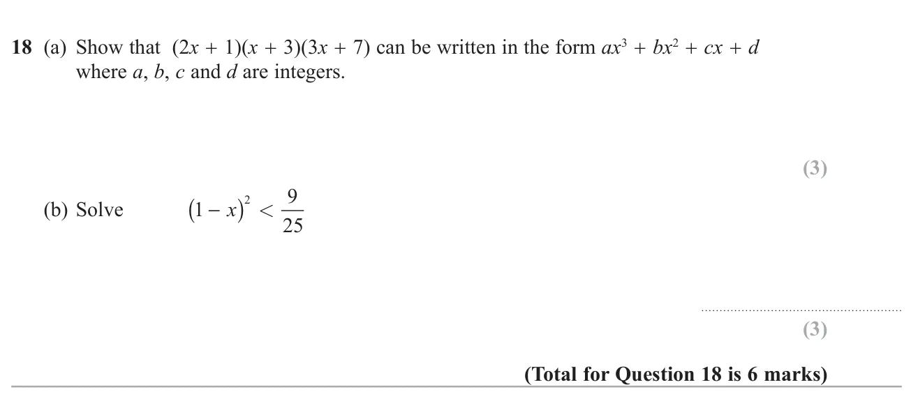 Expand a product of three linear brackets into a cubic, then solve a quadratic inequality.