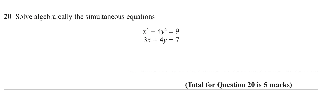 Solve a linear and a quadratic equation simultaneously by substitution.