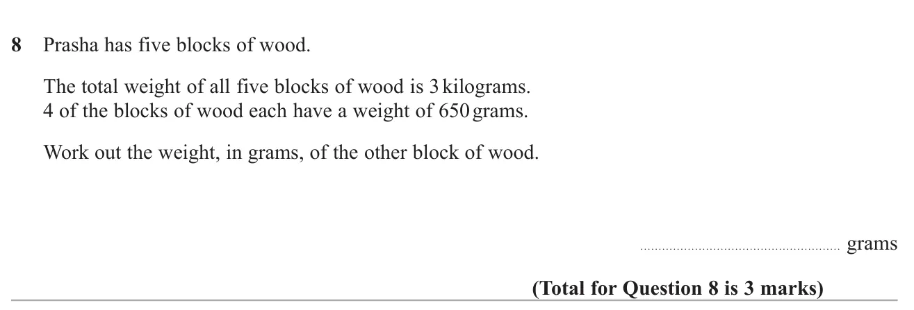 Given the total mass of five blocks in kilograms and the mass of four of them in grams, find the last one.