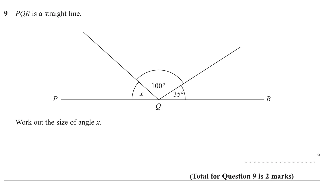 Use angles on a straight line to find a missing angle.