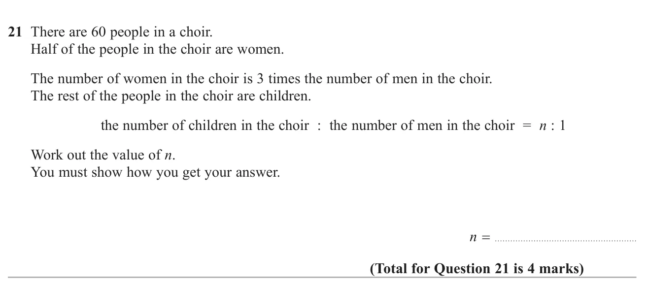 Work out how many men, women and children are in a group from fraction and multiple facts, then write children to men as n : 1.