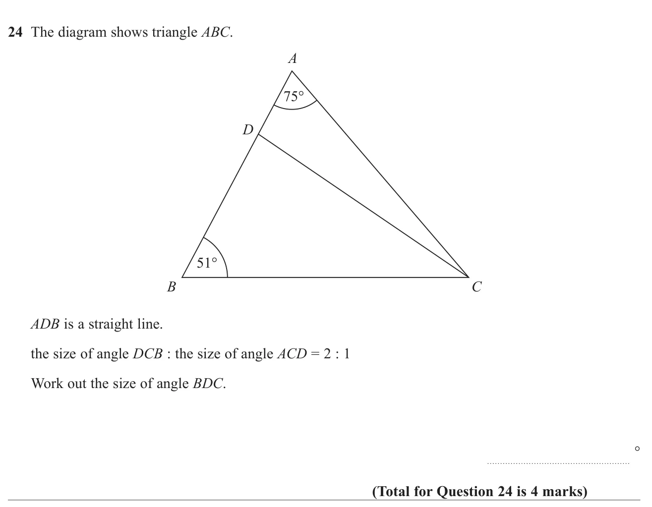 Split an angle of a triangle in a given ratio, then use angle facts to find an angle at a point on a side.