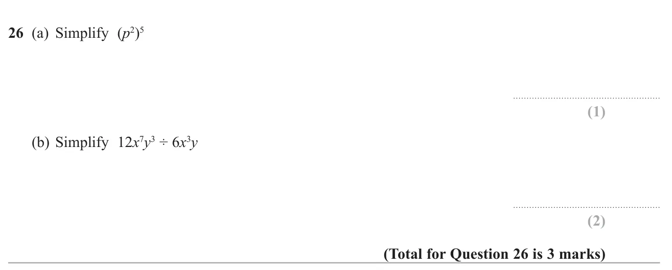 Simplify a power of a power, and divide two algebraic terms using index laws.