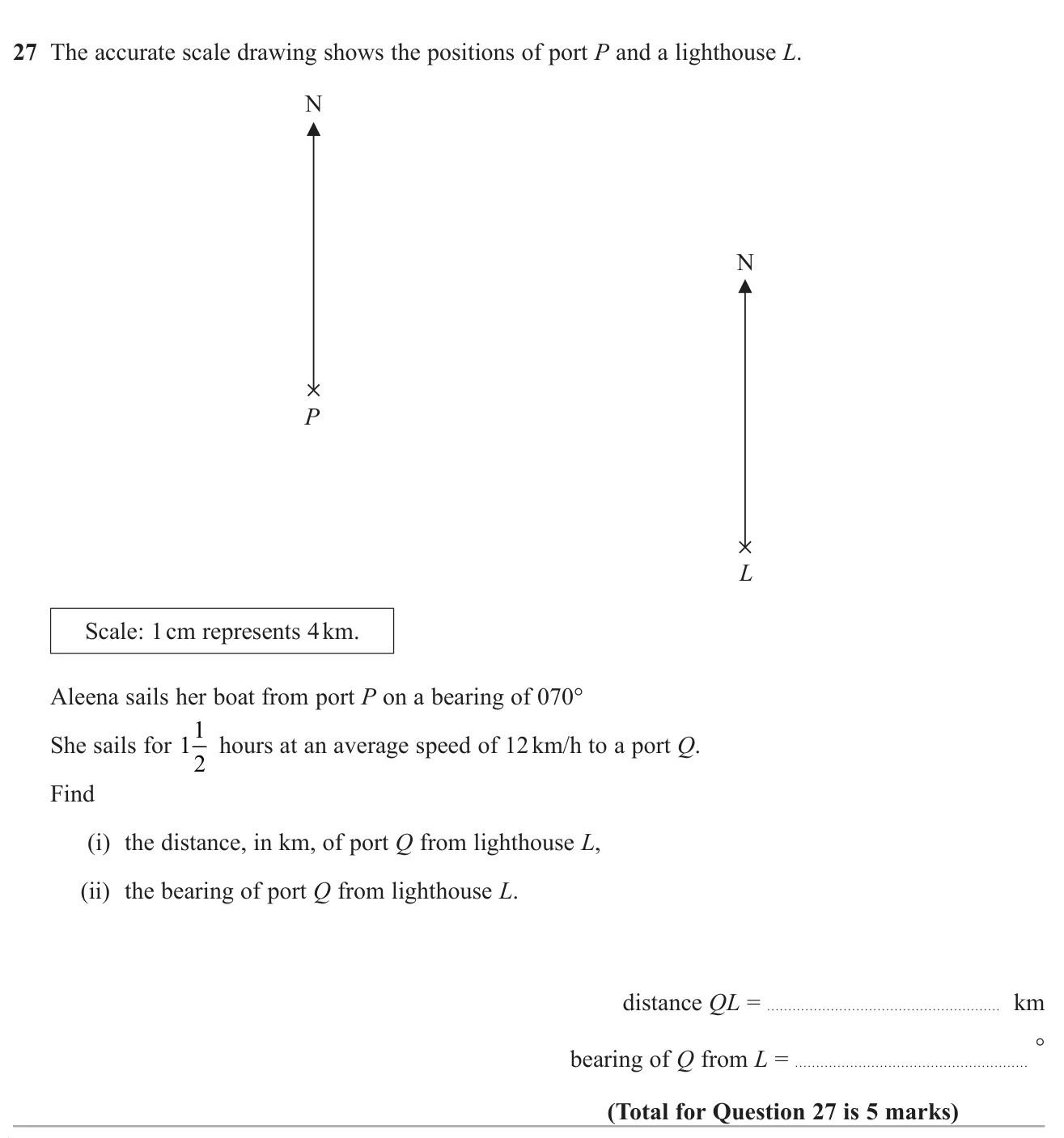 On a scale drawing, plot a boat's position from a bearing, speed and time, then measure its distance and bearing from a lighthouse.