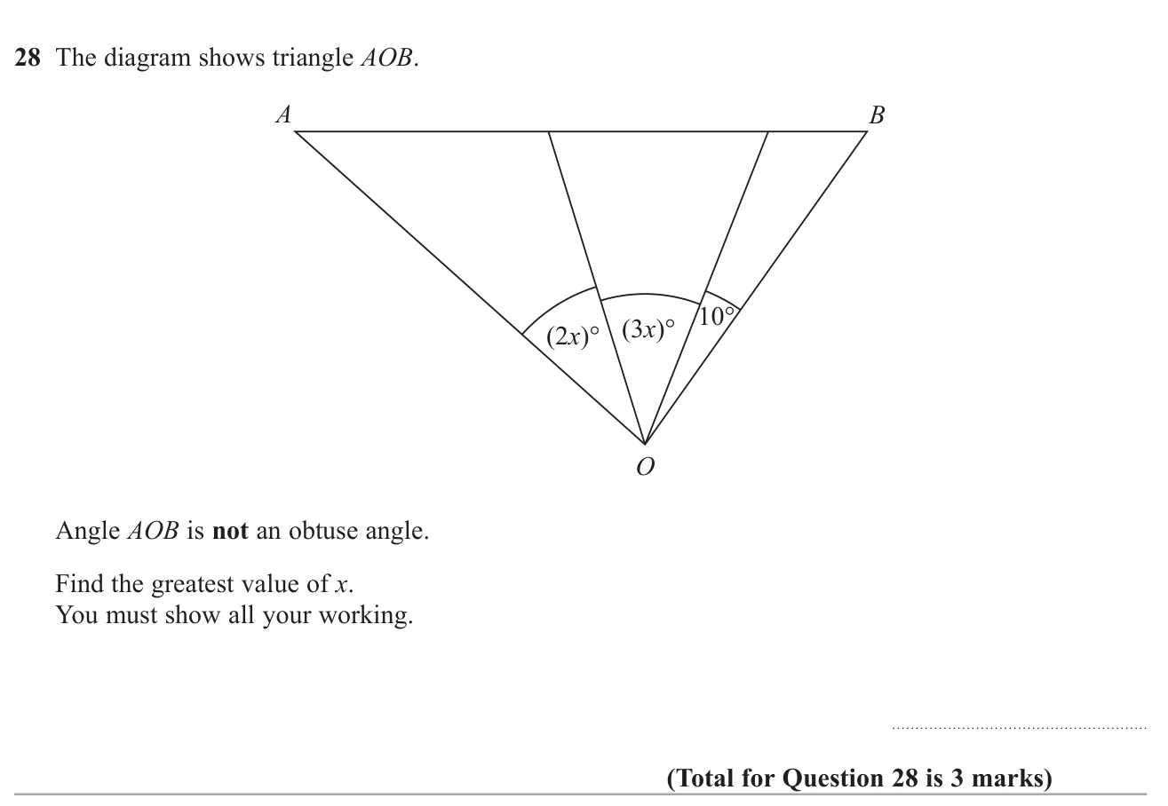 Use the fact that an angle made of three parts is at most 90° to find the largest possible value of x.