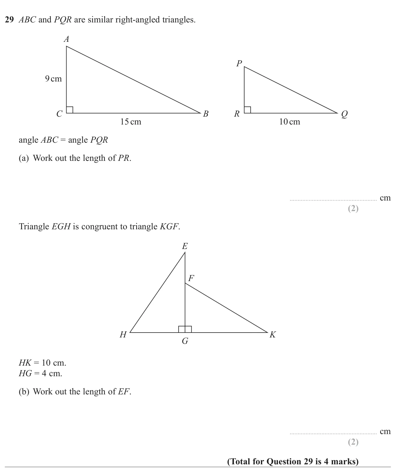 Use similar triangles to find a missing side, then use a pair of congruent triangles to find a length.