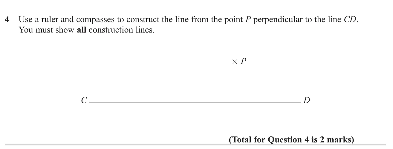 Use a ruler and compasses to draw the perpendicular from a point to a line.