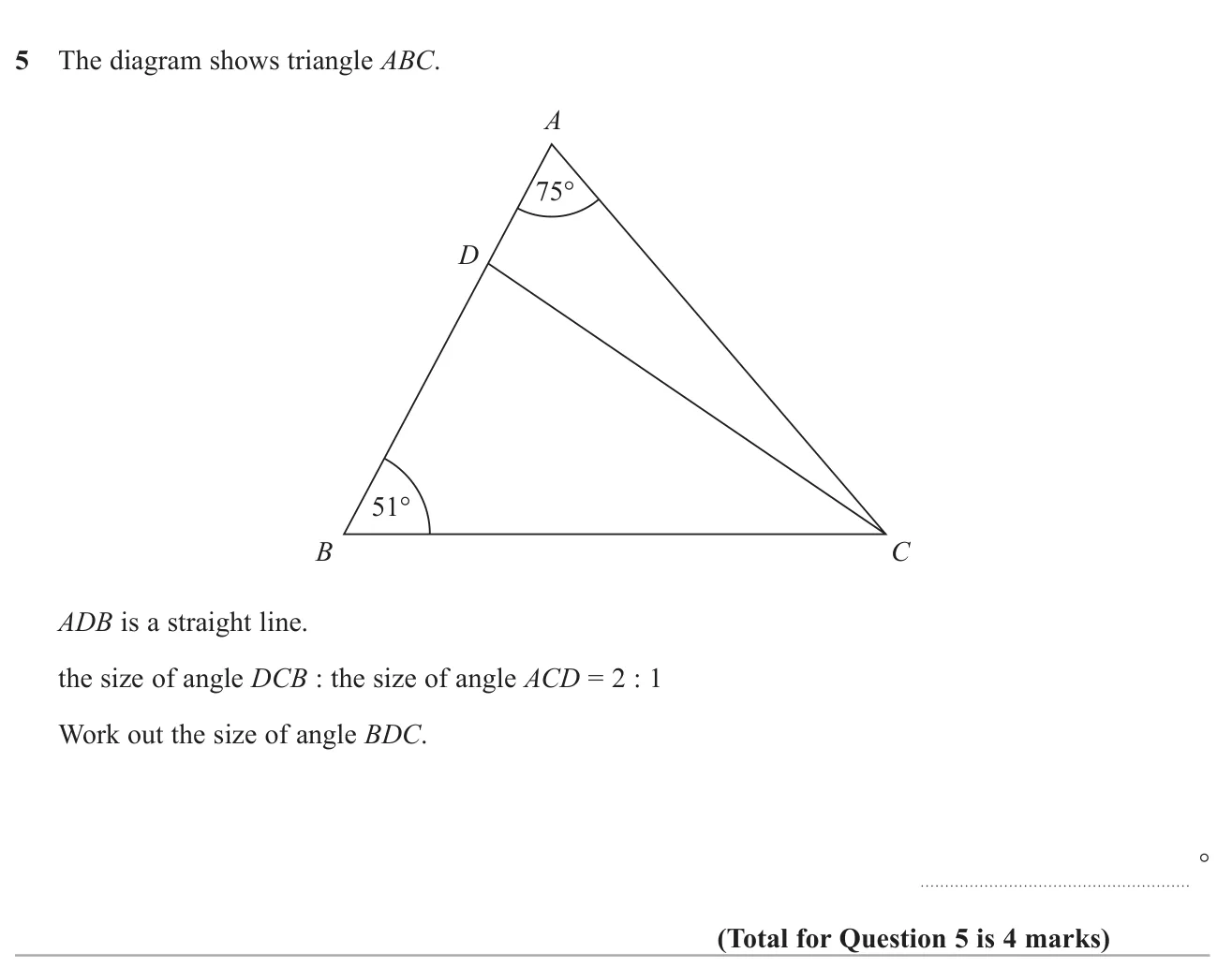Split an angle of a triangle in a given ratio, then use angle facts to find an angle at a point on a side.