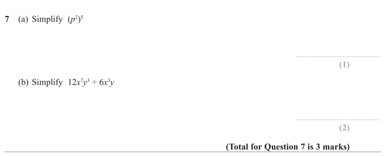 Simplify a power of a power, and divide two algebraic terms using index laws.