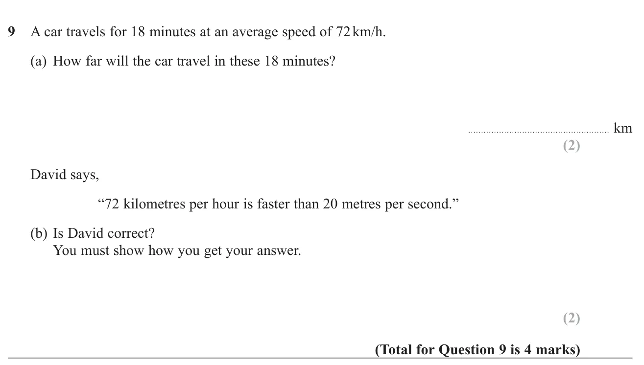 Find the distance travelled in a number of minutes, then compare a speed in km/h with one in m/s.